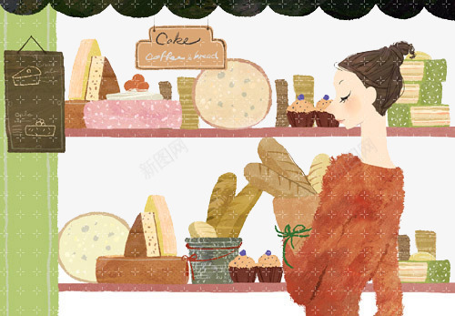 手绘女生逛面包店png免抠素材_88icon https://88icon.com 卡通 绘画 美女 茶壶 面包
