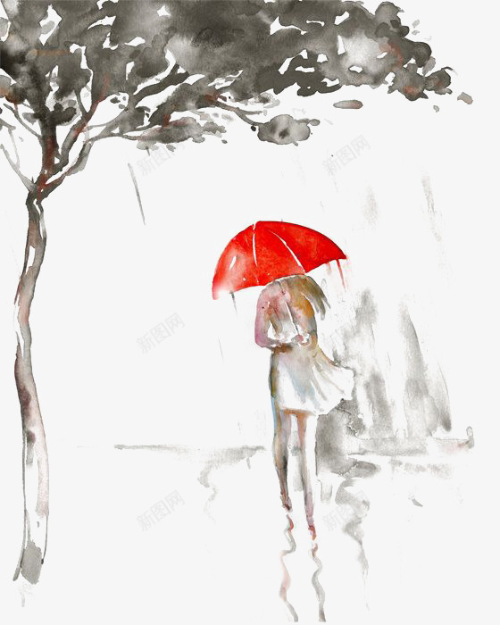 街拍png免抠素材_88icon https://88icon.com 下雨天 唯美 小清新 水墨插画 水彩女生 红色雨伞