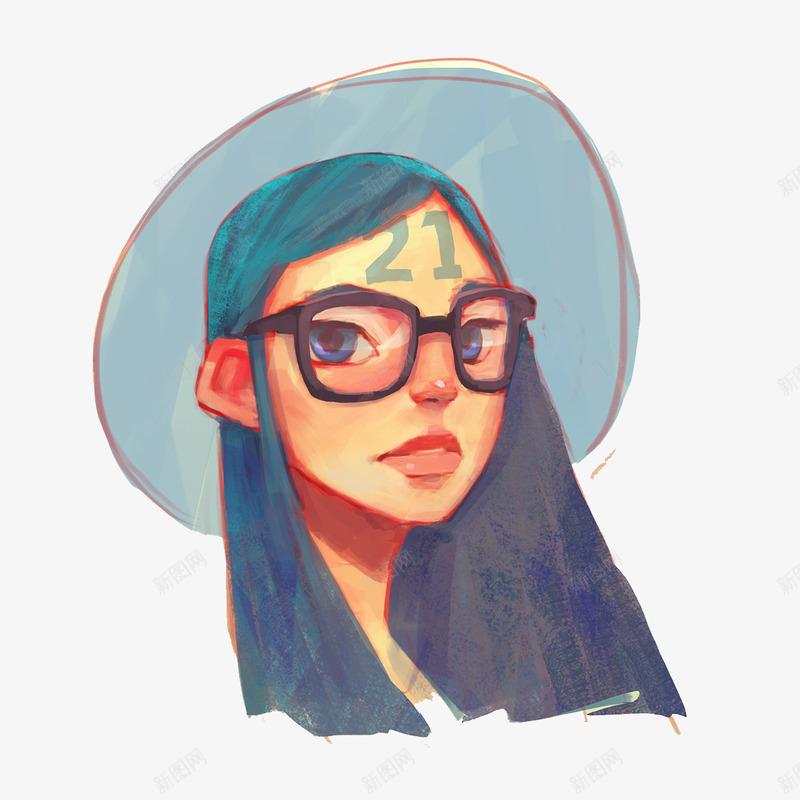手绘女孩png免抠素材_88icon https://88icon.com 手绘 油画笔触 美国风 蓝色帽子 长发女孩