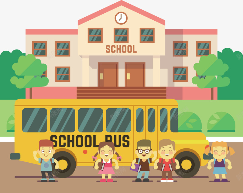 学校与黄色校车矢量图eps免抠素材_88icon https://88icon.com 校车 校车PNG 矢量校车 黄色 黄色校车 矢量图