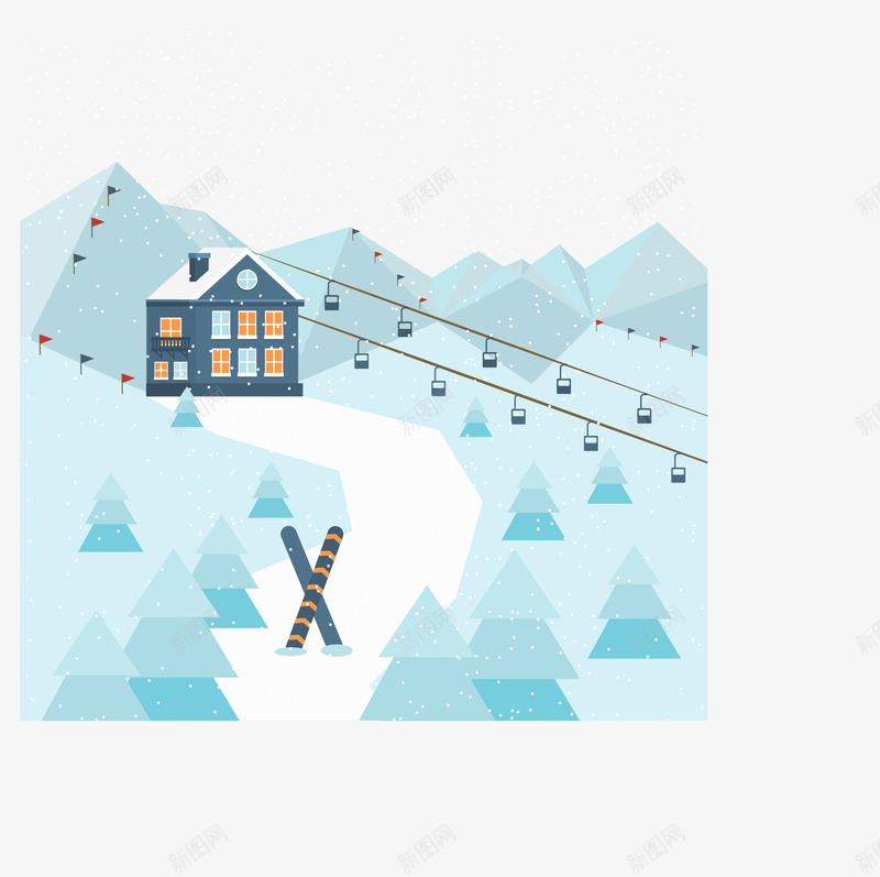 雪山小房子矢量图ai免抠素材_88icon https://88icon.com 房屋 松树 缆车索道 雪山 雪山索道 矢量图