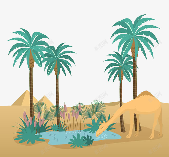 沙漠之水psd免抠素材_88icon https://88icon.com 大树 插画 椰枣树 沙漠 湖水 绿洲 骆驼