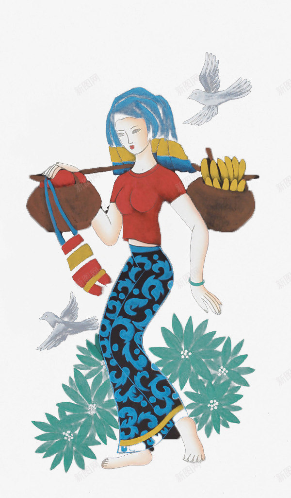 云南女孩png免抠素材_88icon https://88icon.com 手绘 担水 挑水果 插画 民族特色 重担 飞鸟