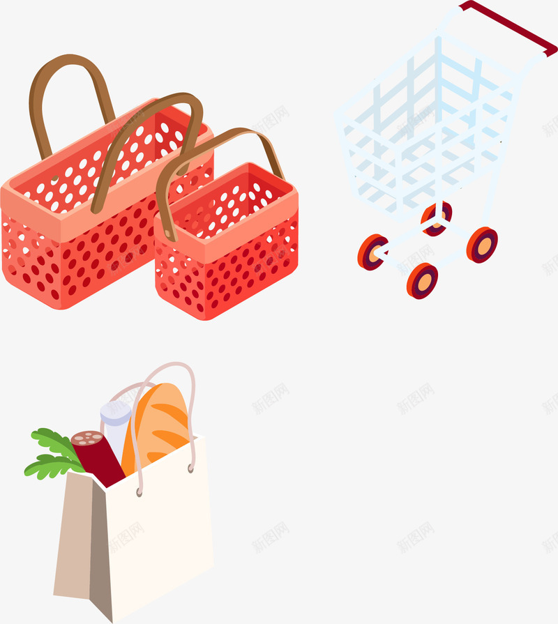 手绘超市购物png免抠素材_88icon https://88icon.com 手提袋 手绘 立体图案 购物筐 购物袋 超市购物车