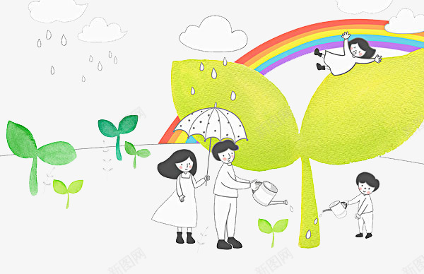 卡通手绘欢呼玩耍的孩子png免抠素材_88icon https://88icon.com 免抠大人孩子 彩虹 树苗 浇水的孩子 玩耍的孩子 白云 雨滴