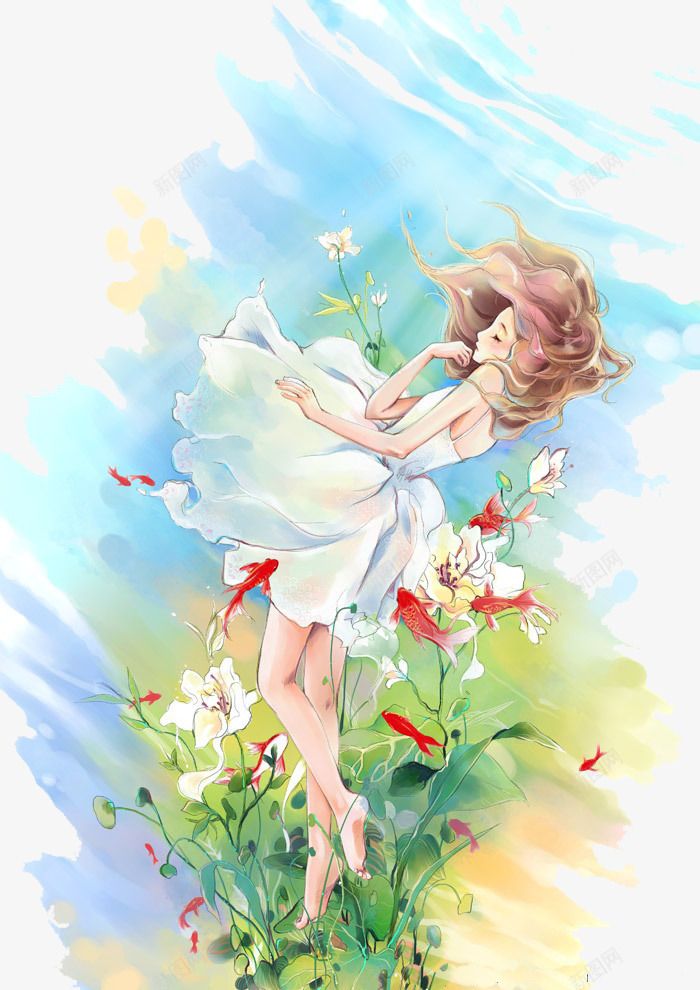 花中的美少女png免抠素材_88icon https://88icon.com 卡通手绘 小女孩 手绘插画 插画 花卉 金鱼