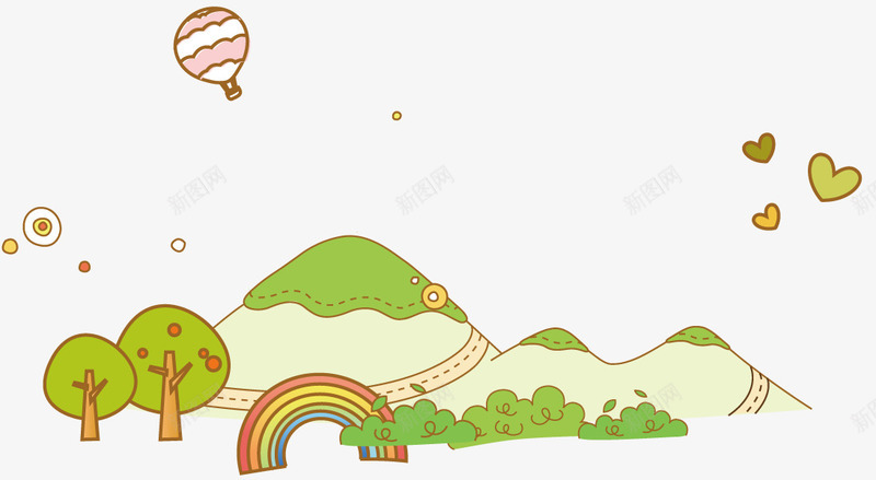 卡通山丘彩虹png免抠素材_88icon https://88icon.com 山脉 彩虹 树木 气球