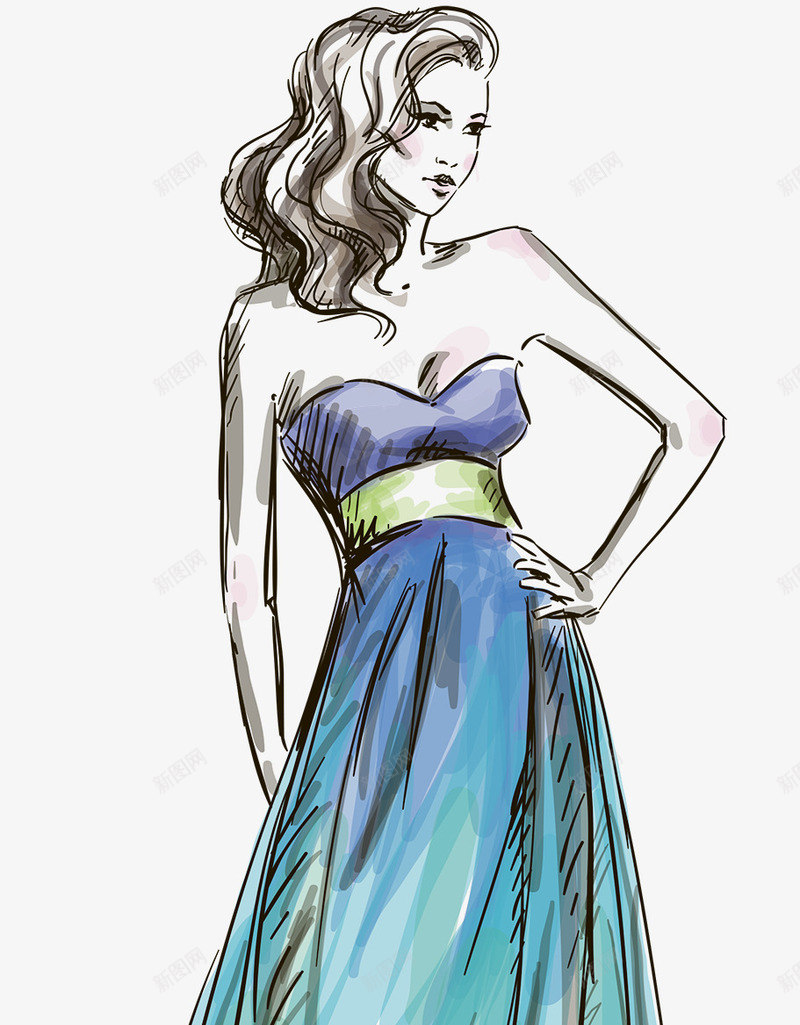 手绘线描模特png免抠素材_88icon https://88icon.com 人物插画 时尚手绘 模特走秀 礼服 线描时装 美丽女孩