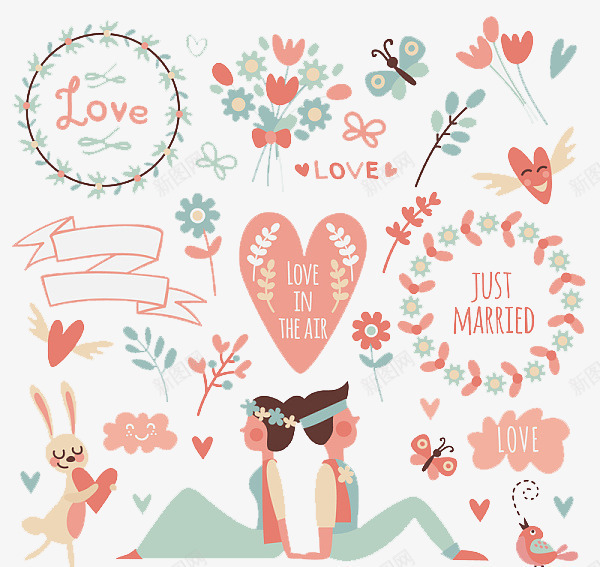 19款卡通婚礼元素png免抠素材_88icon https://88icon.com LOVE 丝带 云朵 兔子 婚礼 婚礼元素 情人节 新娘 新郎 爱心 花卉 花环 蝴蝶 鸟