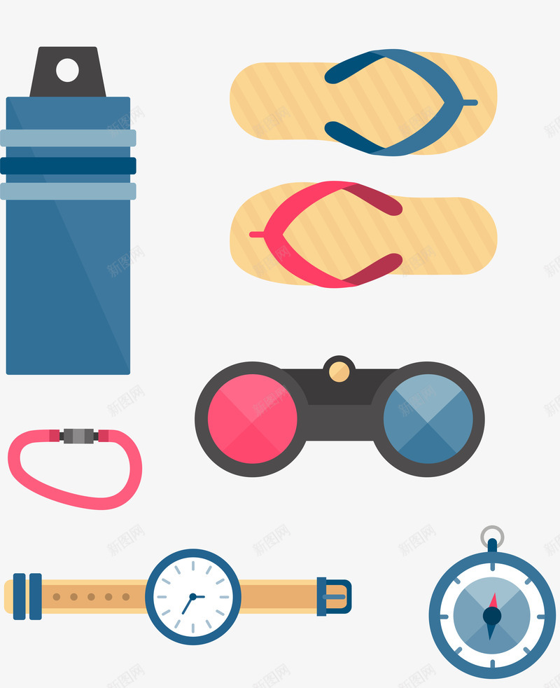 扁平化旅行度假物品png免抠素材_88icon https://88icon.com 卡通 扁平化 拖鞋 旅游物品 望远镜 矢量图案 装饰