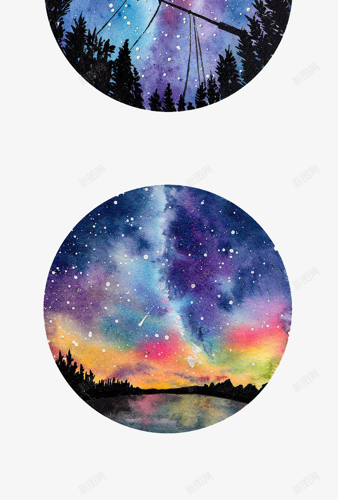 圆镜星空png免抠素材_88icon https://88icon.com 创意 唯美星空免抠PNG元素 唯美水彩插画 圆镜 夕阳 大树 星空 梦幻星星免抠PNG元素 美丽