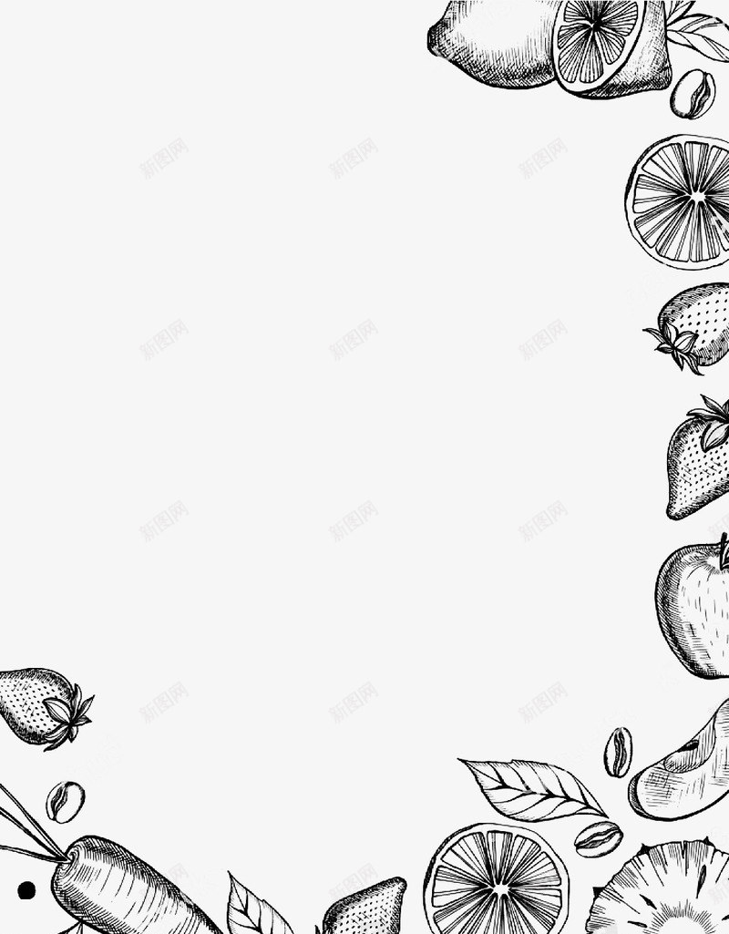 黑白手绘线条水果装饰菜单边框png免抠素材_88icon https://88icon.com 填色练习 奶茶店 手绘 招牌奶茶 橙子 水果 水果店 线条 苹果 草莓 菜单