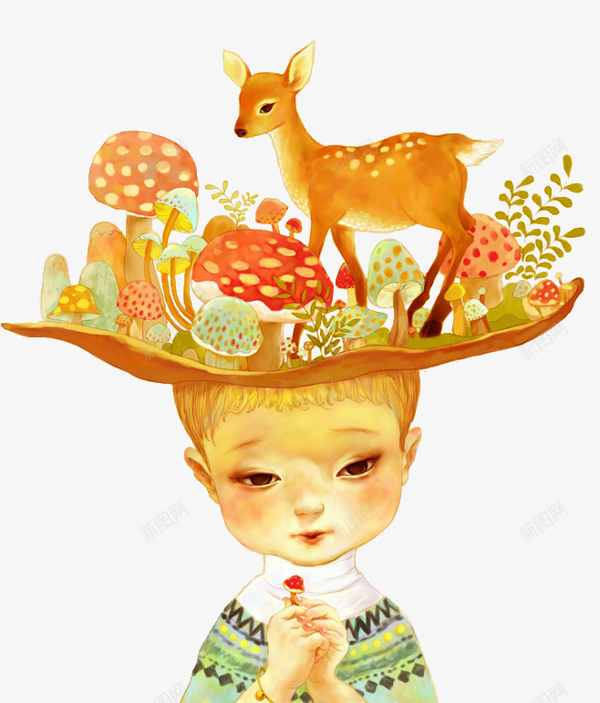 温暖插画psd免抠素材_88icon https://88icon.com 创意插画 小孩 蘑菇 鹿