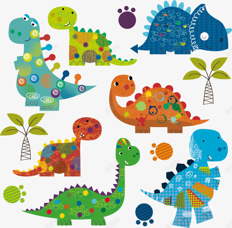 恐龙世界矢量图ai免抠素材_88icon https://88icon.com 侏罗纪 儿童绘画 卡通动漫 可爱 彩色手绘 恐龙 插图插画 矢量图