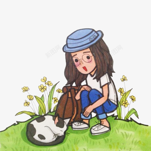 可爱的小女孩野花与小猫png免抠素材_88icon https://88icon.com 可爱女孩 女孩 小猫 野花