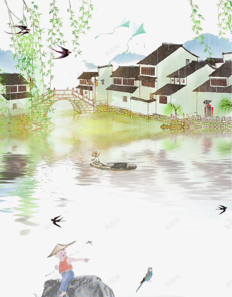 清新文艺清明节海报插画png免抠素材_88icon https://88icon.com 房屋 文艺 春季 柳树 海报 清新 清明 湖水 燕子