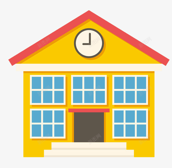 建筑物png免抠素材_88icon https://88icon.com 办公楼 卡通 学校 手绘 教学楼 时钟 黄色