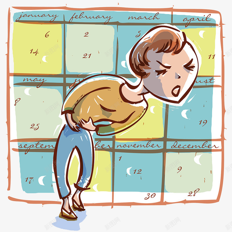 女性经期疼痛png免抠素材_88icon https://88icon.com 卡通女性 手绘 插画 日历 日期 月经 疼痛 腹痛 虚弱