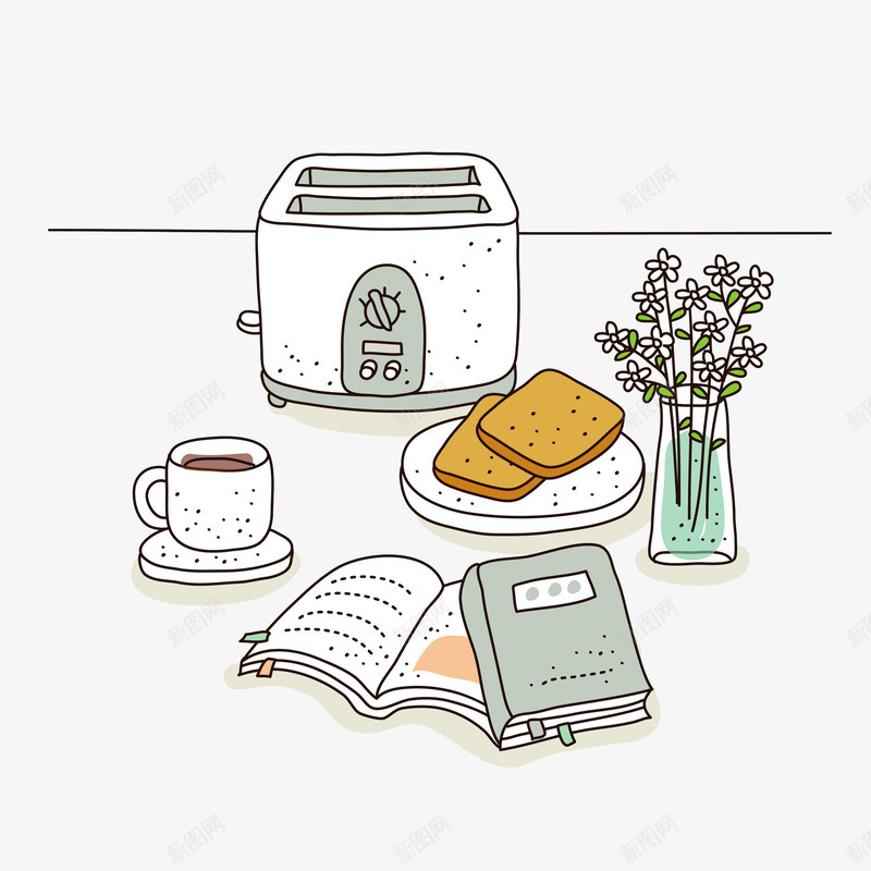 手绘读物清新小插画png免抠素材_88icon https://88icon.com 下午茶 书籍鲜花 卡通 小清新 平面 手绘 插画 摆件 杯子 水壶 美好时光 面包片 饮品