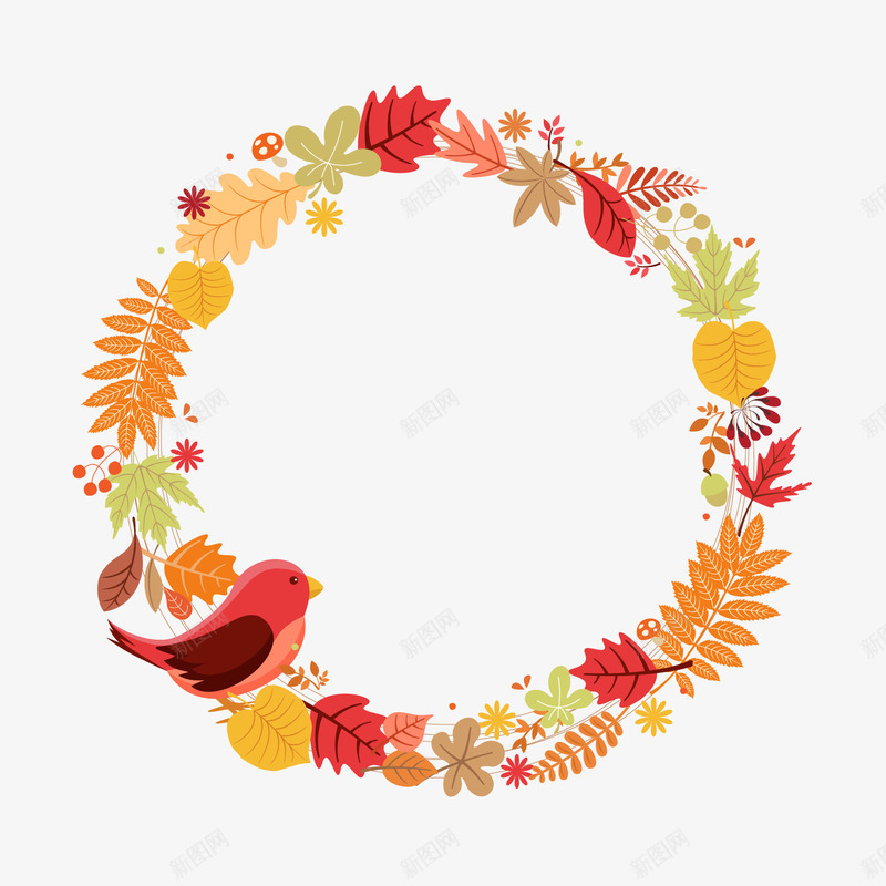 手绘秋季花环矢量图ai免抠素材_88icon https://88icon.com 小鸟 手绘花环 秋季树叶 背景装饰 鲜花 矢量图