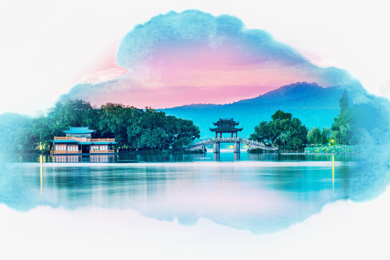 杭州美景水彩画psd免抠素材_88icon https://88icon.com 亭 八角亭 山水 山水美 彩云 景点 杭州 杭州旅游 桥 水彩 水彩画 湖 美景
