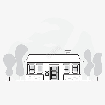 灰色一层房屋建筑png免抠素材_88icon https://88icon.com 树木 烟囱 窗户 门