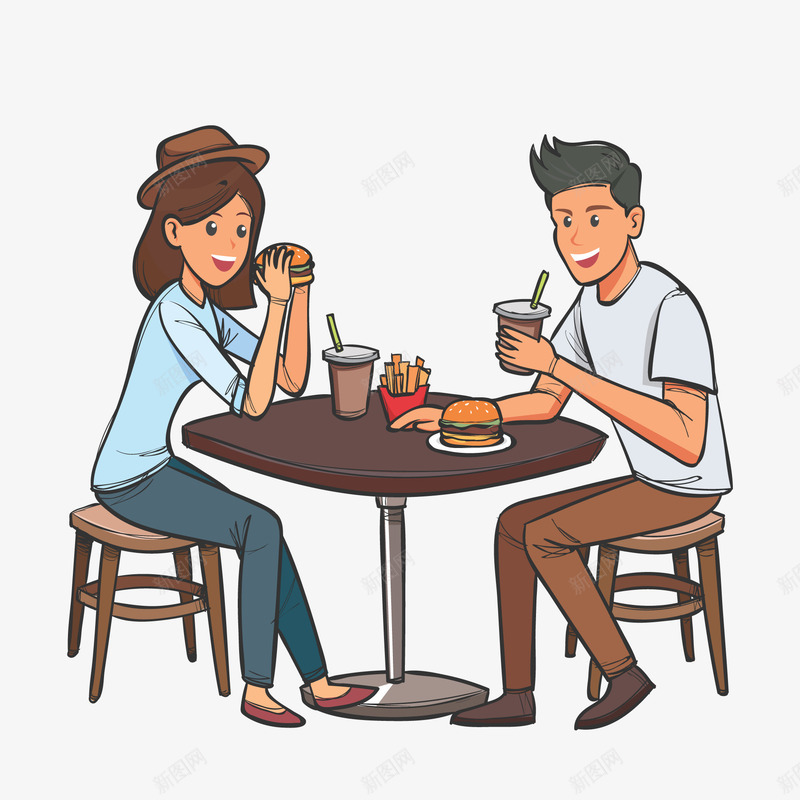 创意室外餐厅吃快餐的男女矢量图ai免抠素材_88icon https://88icon.com 七夕节 人物设计 吃快餐 吃饭 坐在餐桌前 情人节 矢量图 约会 约会吃饭