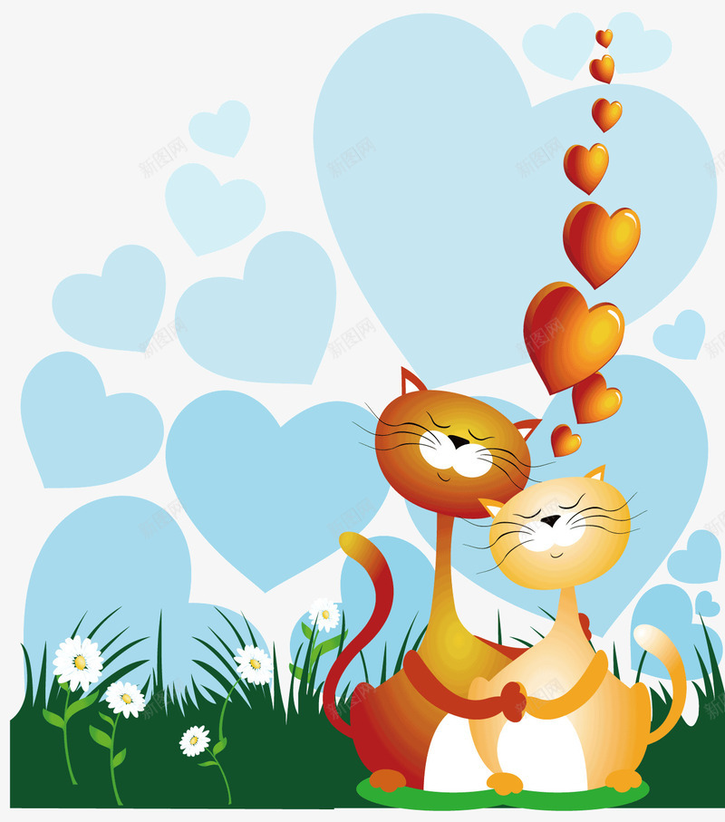 卡通的小猫咪矢量图ai免抠素材_88icon https://88icon.com 卡通 卡通手绘 棕色的小猫 白色的小猫 白色的花朵 蓝色的背景装饰 矢量图