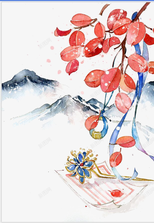古风背景元素png免抠素材_88icon https://88icon.com 古风 叶子 山峰 插画 水彩画 红色 背景元素