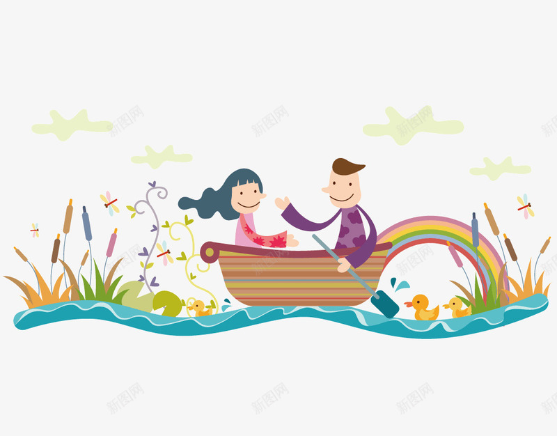 卡通插画矢量图ai免抠素材_88icon https://88icon.com 划船 划船的人 彩虹 插画 河流 矢量素材 芦苇 矢量图