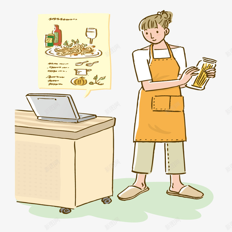 按照网上菜谱做菜的女人矢量图ai免抠素材_88icon https://88icon.com 家居生活 家庭主妇 生活 矢量图