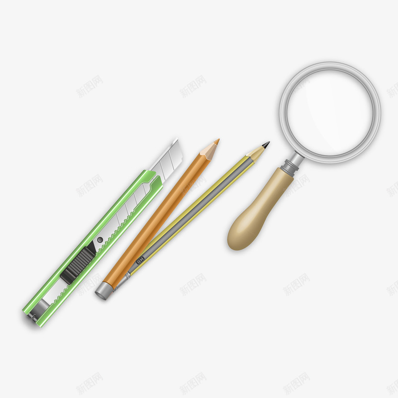 学习文具png免抠素材_88icon https://88icon.com 学习文具 放大镜 文具矢量图 美工刀 铅笔