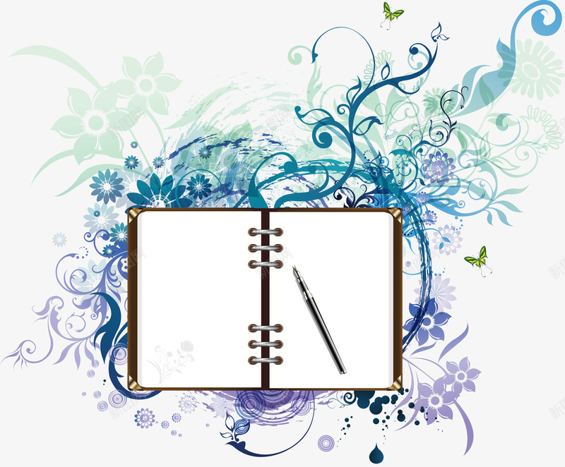 蓝色花纹中的笔记本png免抠素材_88icon https://88icon.com 年终总结素材 笔记本素材 花纹装饰素材 蓝色花纹图案