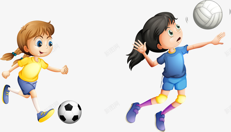手绘运动的女孩png免抠素材_88icon https://88icon.com 女子排球 女子足球 手绘 踢足球 运动