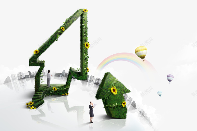 绿植箭头与商务人物png免抠素材_88icon https://88icon.com 商务人物 商务金融 地产 城市建筑 热气球 绿植箭头 远景