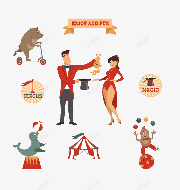 马戏团元素png免抠素材_88icon https://88icon.com 卡通 海豚 猴子 马戏团 魔术师