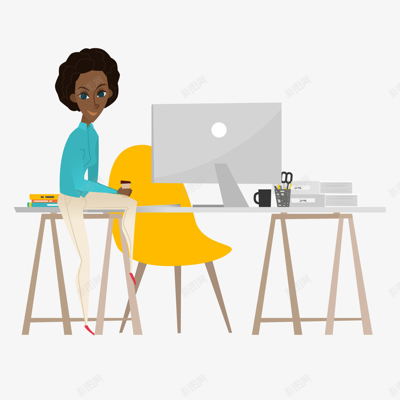 卡通坐在桌子上的女性矢量图ai免抠素材_88icon https://88icon.com 人物设计 卡通 商务人士 坐在桌子上 扁平化 矢量图
