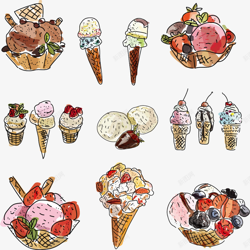 手绘各式冰淇淋png免抠素材_88icon https://88icon.com 冰淇淋 手绘食物 甜点 甜筒 雪糕