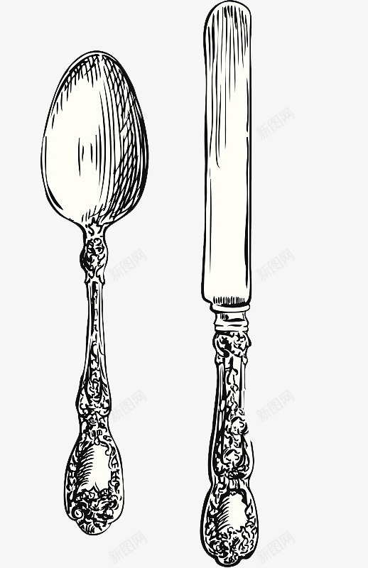 钢笔手绘欧式复古餐具插图png免抠素材_88icon https://88icon.com 勺子 复古 手绘 欧式 西餐刀 钢笔 餐具插图