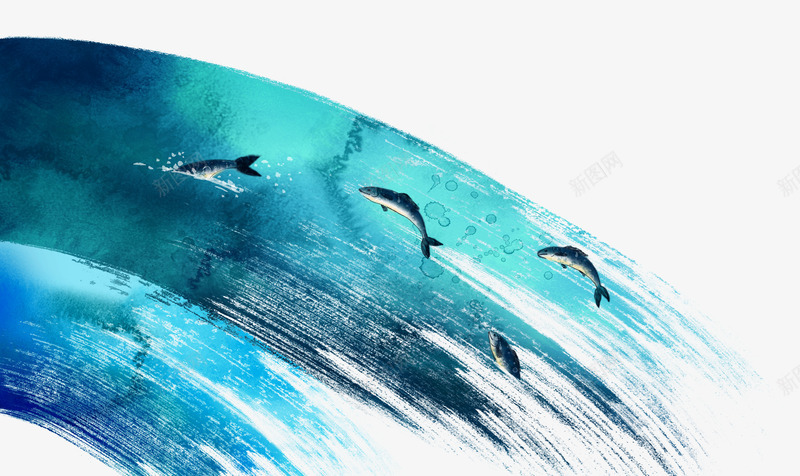蓝色水墨海豚跳跃背景psd免抠素材_88icon https://88icon.com 手绘 水墨 海豚跳跃 清新 蓝色