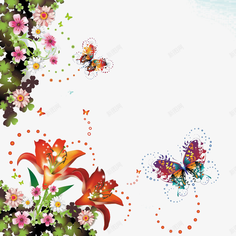 花丛中的蝴蝶png免抠素材_88icon https://88icon.com 小清新 小花 彩色蝴蝶 百合花 花卉 蝴蝶 野花