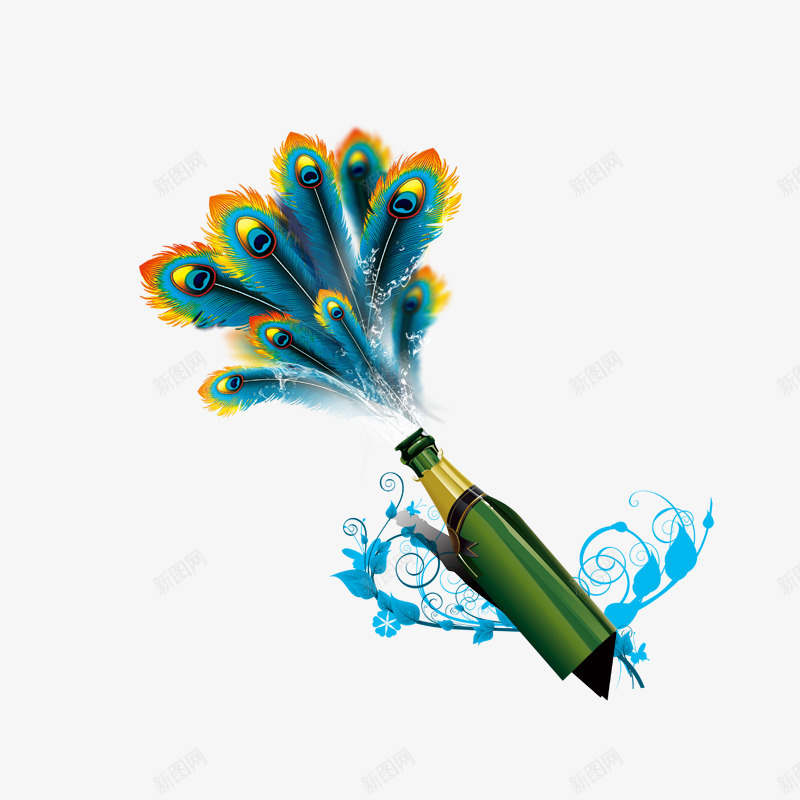 创意图案png免抠素材_88icon https://88icon.com 孔雀尾巴 纹理 蓝色 酒瓶