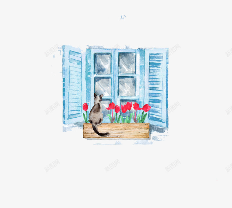 水彩卡通png免抠素材_88icon https://88icon.com 水彩 猫咪 窗户