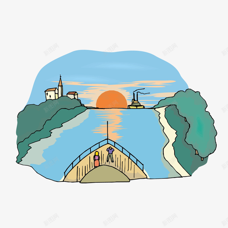 轮船大海夕阳风景插画矢量图eps免抠素材_88icon https://88icon.com 夕阳 夕阳风景 大海 大海风景 轮船 风景插画 矢量图