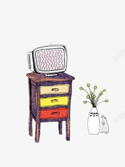 插画png免抠素材_88icon https://88icon.com 彩色 插画 电视 花瓶