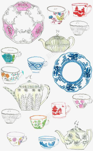 复古餐具png免抠素材_88icon https://88icon.com 复古餐具 水壶 水彩餐具 盘子 茶杯