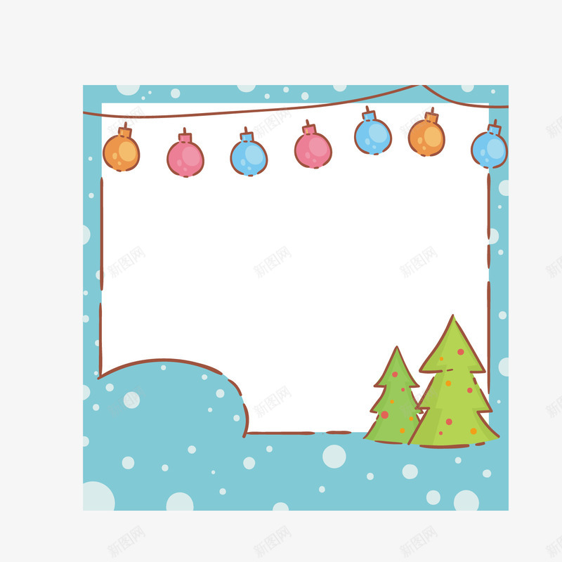 卡通蓝色边框圣诞装饰png免抠素材_88icon https://88icon.com 圣诞树 彩色灯泡 文案背景 背景装饰 蓝色边框