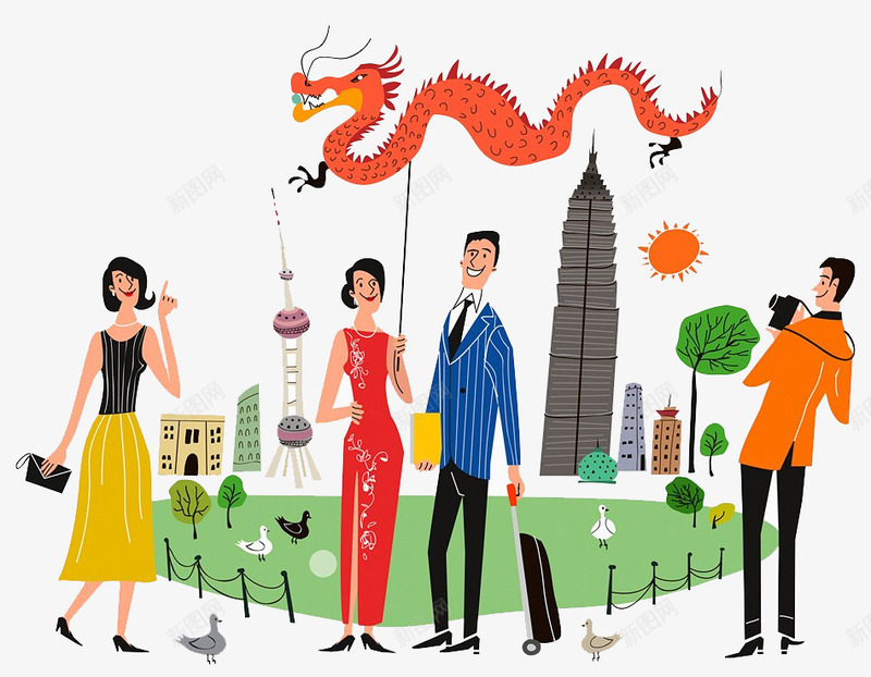 线描旅游png免抠素材_88icon https://88icon.com 东方明珠 建筑 旅游 线描 行李箱