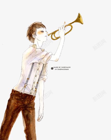 吹喇叭的少年手绘插画png免抠素材_88icon https://88icon.com 吹喇叭 少年 插画