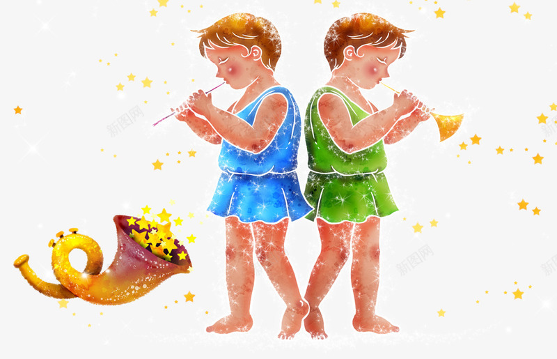 双子座图水彩psd免抠素材_88icon https://88icon.com 双子座 喇叭 星座图 水彩画